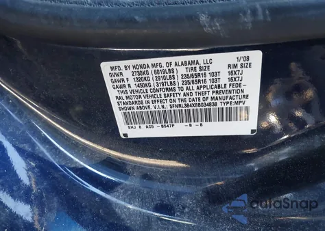 2008 Honda Odyssey Ex from USA, damaged, VIN 5FNRL384X8B034838